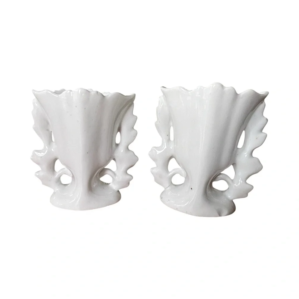 Pair Vieux Paris Vases Old Paris Porcelain 3D Rose Pink White Mantel Decor Vtg